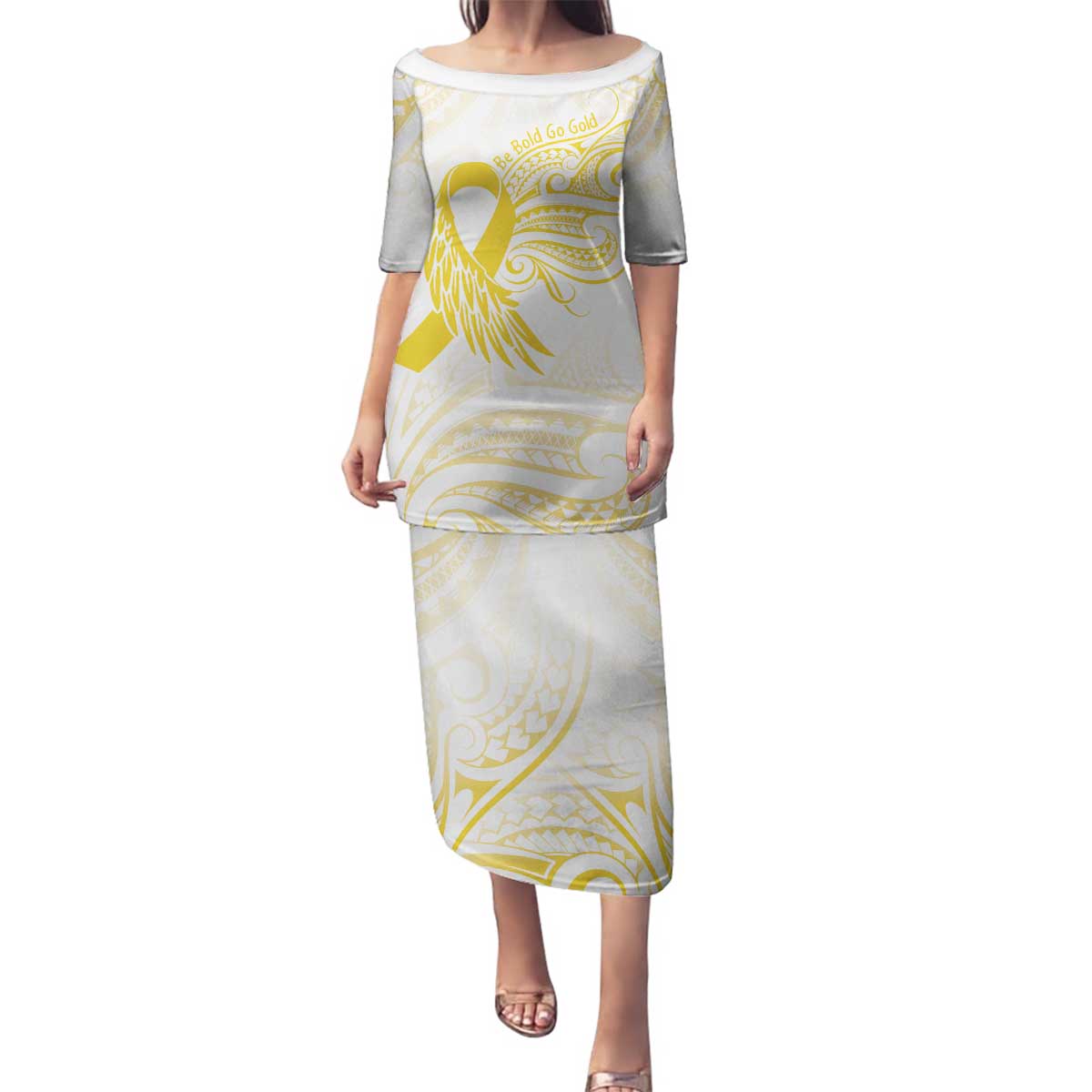 Be Bold Go Gold Polyneisan Ribbon Childhood Personalised Family Matching Puletasi and Hawaiian Shirt