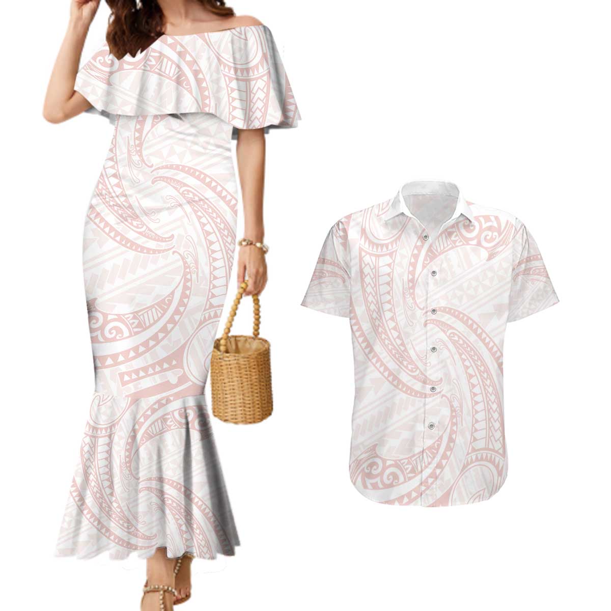 White Sunday Lotu Tamaiti Couples Matching Mermaid Dress and Hawaiian Shirt Polynesian Wave Pastel Blush - Polynesian Pride