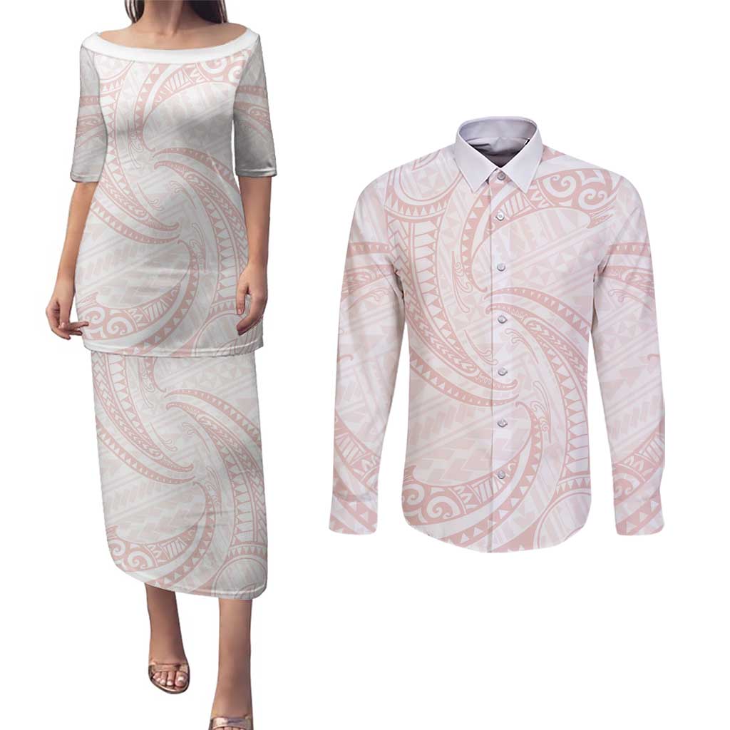 White Sunday Lotu Tamaiti Couples Matching Puletasi and Long Sleeve Button Shirt Polynesian Wave Pastel Blush LT9 Blush - Polynesian Pride
