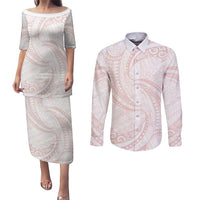 White Sunday Lotu Tamaiti Couples Matching Puletasi and Long Sleeve Button Shirt Polynesian Wave Pastel Blush LT9 Blush - Polynesian Pride