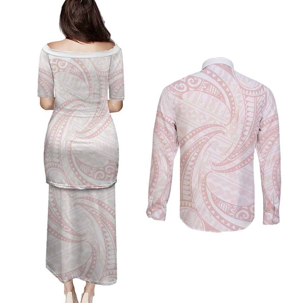 White Sunday Lotu Tamaiti Couples Matching Puletasi and Long Sleeve Button Shirt Polynesian Wave Pastel Blush LT9 - Polynesian Pride