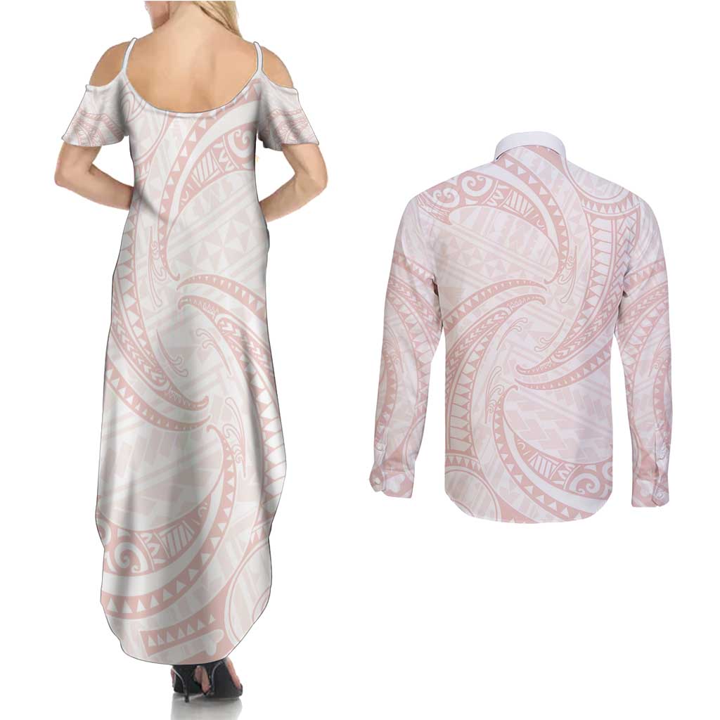White Sunday Lotu Tamaiti Couples Matching Summer Maxi Dress and Long Sleeve Button Shirt Polynesian Wave Pastel Blush - Polynesian Pride