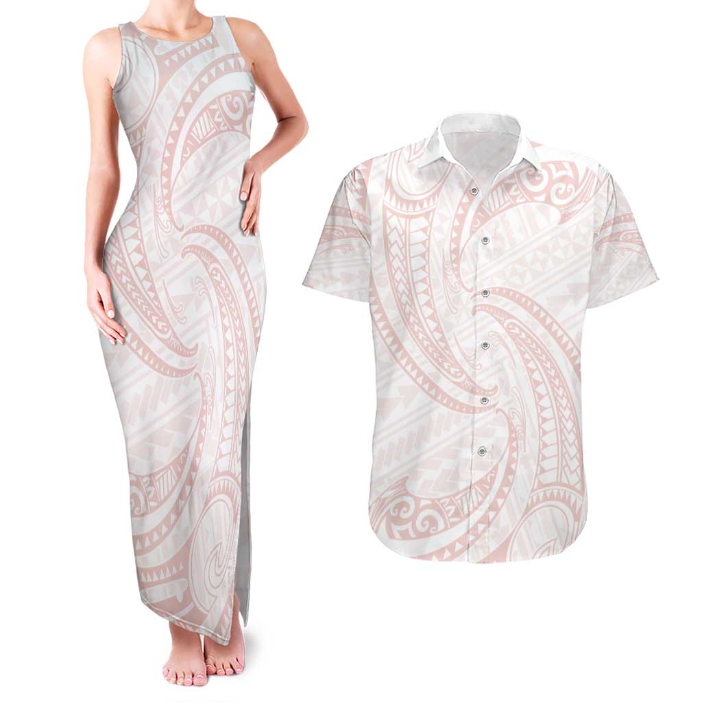 White Sunday Lotu Tamaiti Couples Matching Tank Maxi Dress and Hawaiian Shirt Polynesian Wave Pastel Blush - Polynesian Pride