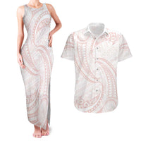 White Sunday Lotu Tamaiti Couples Matching Tank Maxi Dress and Hawaiian Shirt Polynesian Wave Pastel Blush - Polynesian Pride