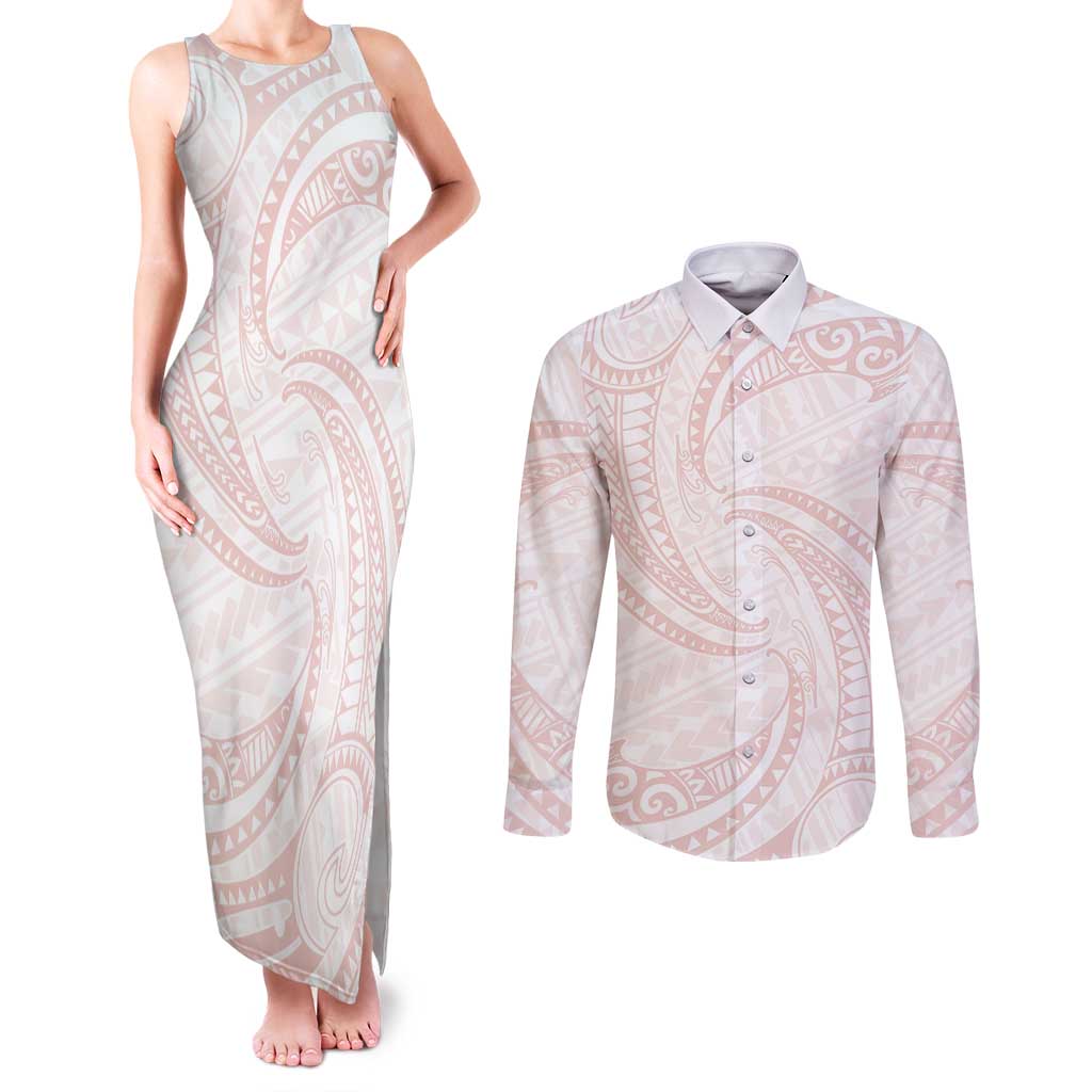 White Sunday Lotu Tamaiti Couples Matching Tank Maxi Dress and Long Sleeve Button Shirt Polynesian Wave Pastel Blush - Polynesian Pride