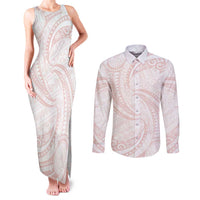 White Sunday Lotu Tamaiti Couples Matching Tank Maxi Dress and Long Sleeve Button Shirt Polynesian Wave Pastel Blush - Polynesian Pride