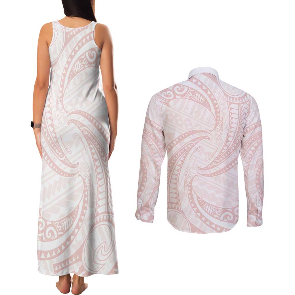 White Sunday Lotu Tamaiti Couples Matching Tank Maxi Dress and Long Sleeve Button Shirt Polynesian Wave Pastel Blush - Polynesian Pride