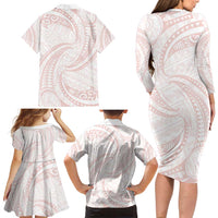 White Sunday Lotu Tamaiti Family Matching Long Sleeve Bodycon Dress and Hawaiian Shirt Polynesian Wave Pastel Blush - Polynesian Pride