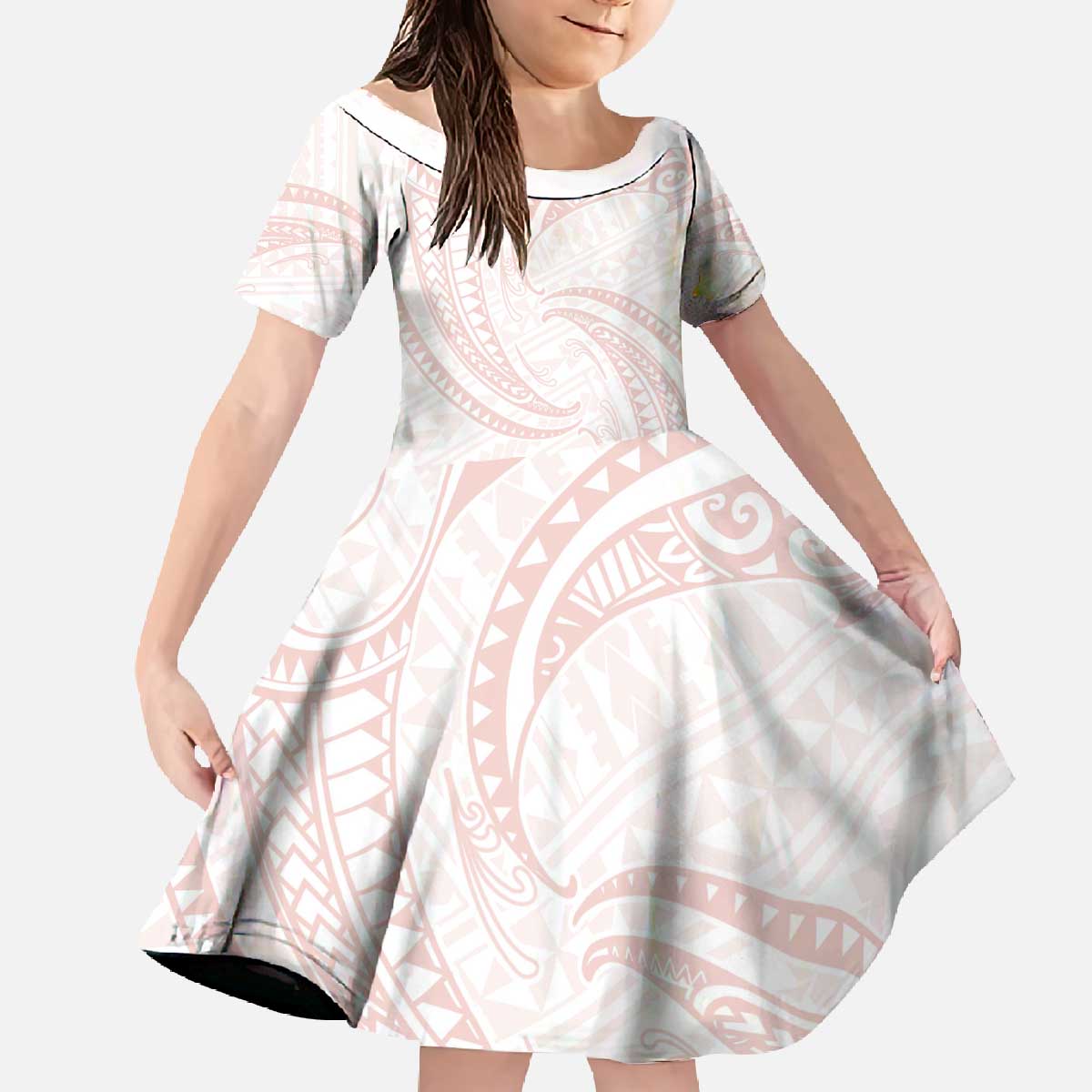White Sunday Lotu Tamaiti Family Matching Off The Shoulder Long Sleeve Dress and Hawaiian Shirt Polynesian Wave Pastel Blush - Polynesian Pride