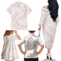 White Sunday Lotu Tamaiti Family Matching Off The Shoulder Long Sleeve Dress and Hawaiian Shirt Polynesian Wave Pastel Blush - Polynesian Pride