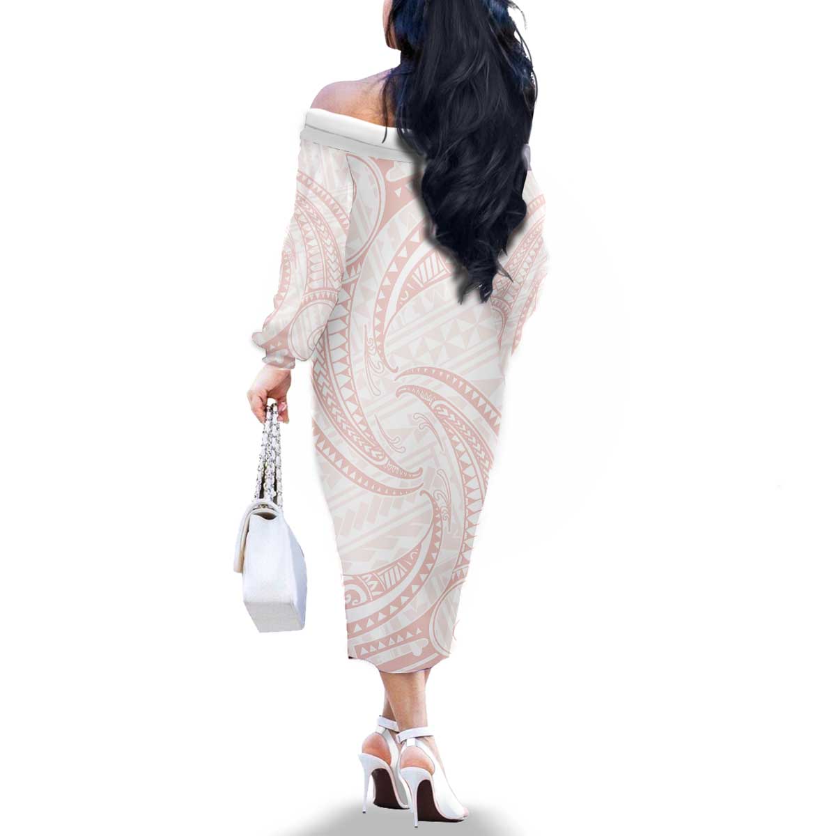 White Sunday Lotu Tamaiti Family Matching Off The Shoulder Long Sleeve Dress and Hawaiian Shirt Polynesian Wave Pastel Blush - Polynesian Pride