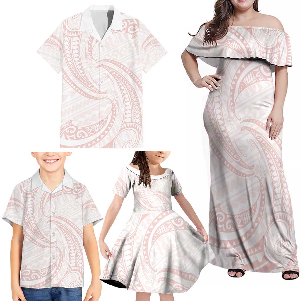 White Sunday Lotu Tamaiti Family Matching Off Shoulder Maxi Dress and Hawaiian Shirt Polynesian Wave Pastel Blush - Polynesian Pride