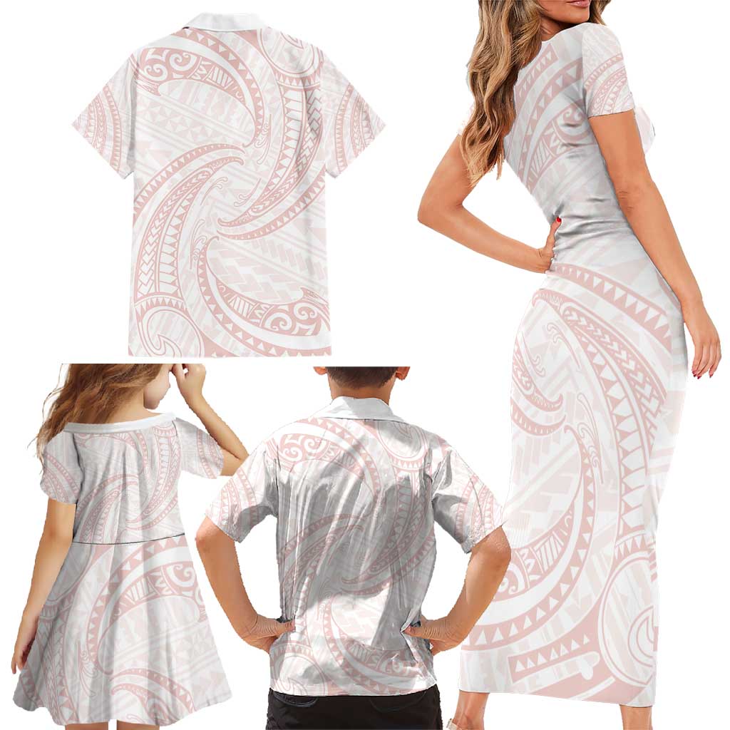 White Sunday Lotu Tamaiti Family Matching Short Sleeve Bodycon Dress and Hawaiian Shirt Polynesian Wave Pastel Blush - Polynesian Pride