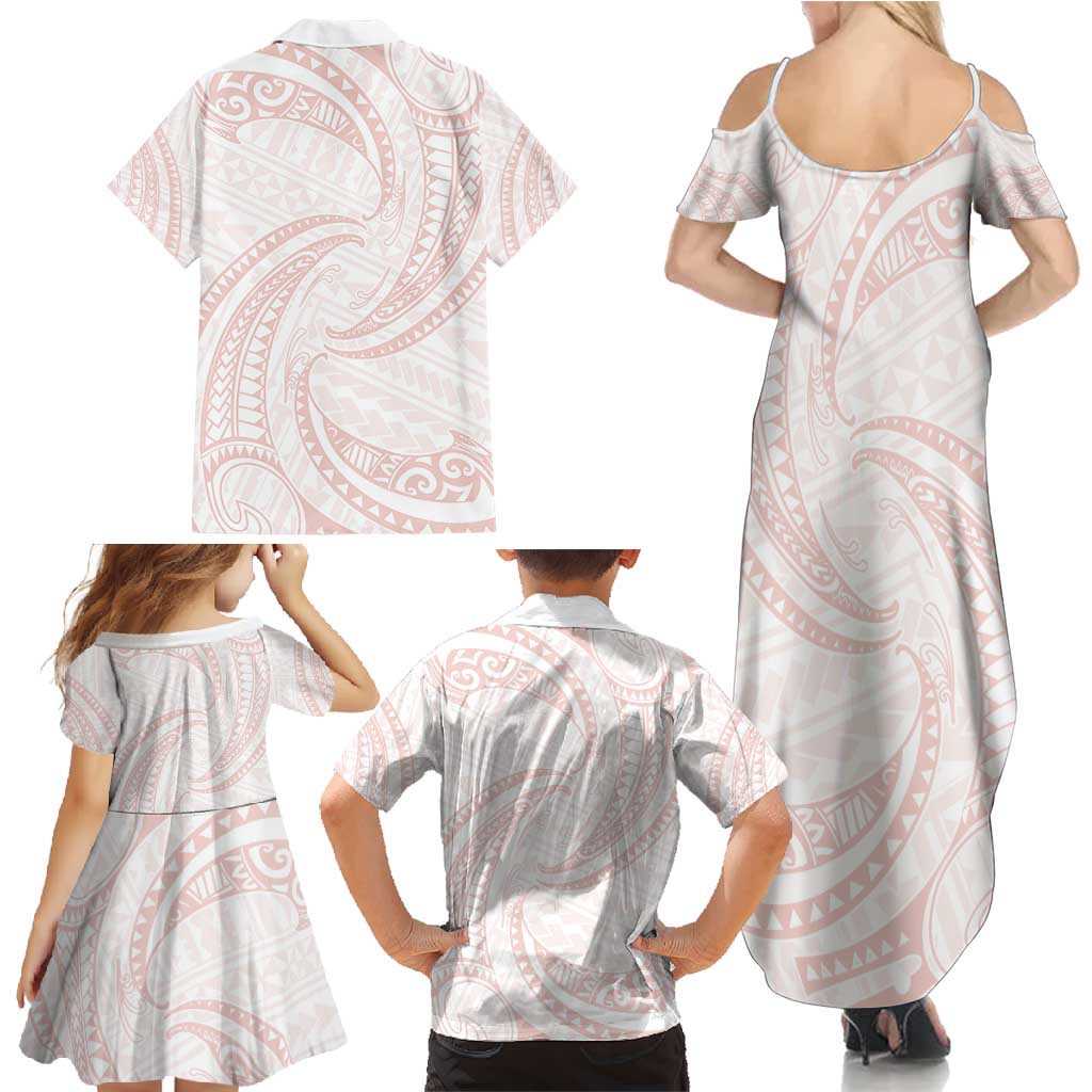 White Sunday Lotu Tamaiti Family Matching Summer Maxi Dress and Hawaiian Shirt Polynesian Wave Pastel Blush - Polynesian Pride