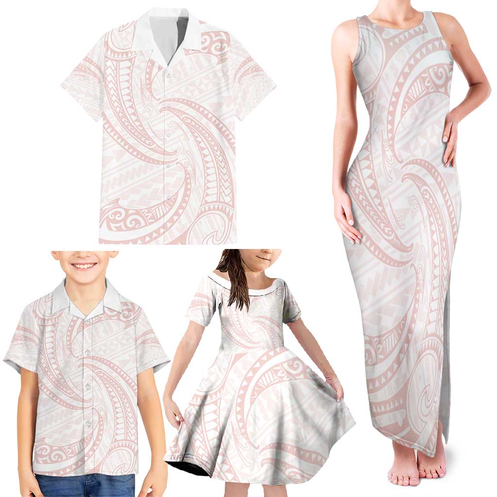 White Sunday Lotu Tamaiti Family Matching Tank Maxi Dress and Hawaiian Shirt Polynesian Wave Pastel Blush - Polynesian Pride