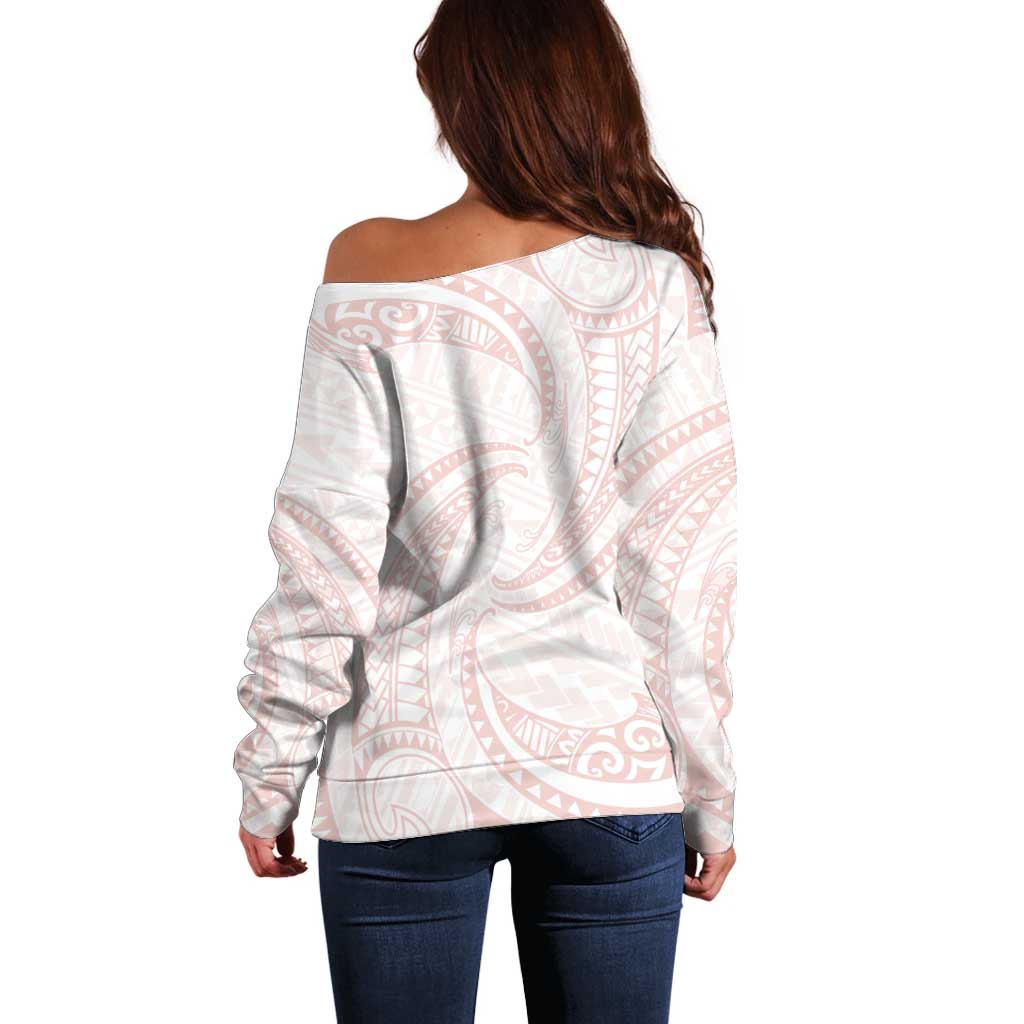 White Sunday Lotu Tamaiti Off Shoulder Sweater Polynesian Wave Pastel Blush - Polynesian Pride