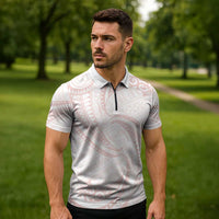 White Sunday Lotu Tamaiti Zipper Polo Shirt Polynesian Wave Pastel Blush - Polynesian Pride