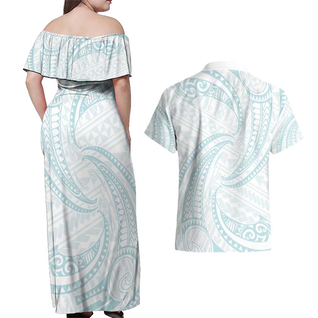 White Sunday Lotu Tamaiti Couples Matching Off Shoulder Maxi Dress and Hawaiian Shirt Polynesian Wave Pastel Cyan - Polynesian Pride
