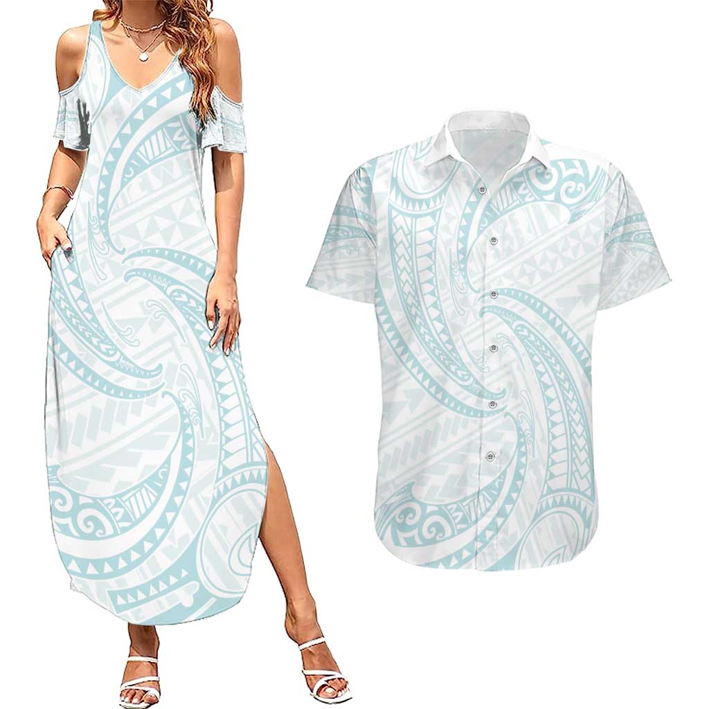 White Sunday Lotu Tamaiti Couples Matching Summer Maxi Dress and Hawaiian Shirt Polynesian Wave Pastel Cyan - Polynesian Pride
