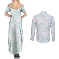 White Sunday Lotu Tamaiti Couples Matching Summer Maxi Dress and Long Sleeve Button Shirt Polynesian Wave Pastel Cyan - Polynesian Pride
