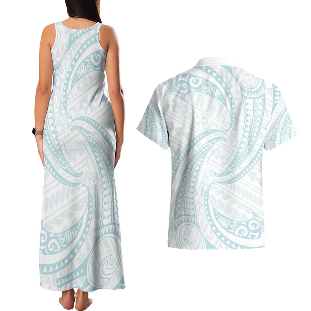 White Sunday Lotu Tamaiti Couples Matching Tank Maxi Dress and Hawaiian Shirt Polynesian Wave Pastel Cyan - Polynesian Pride