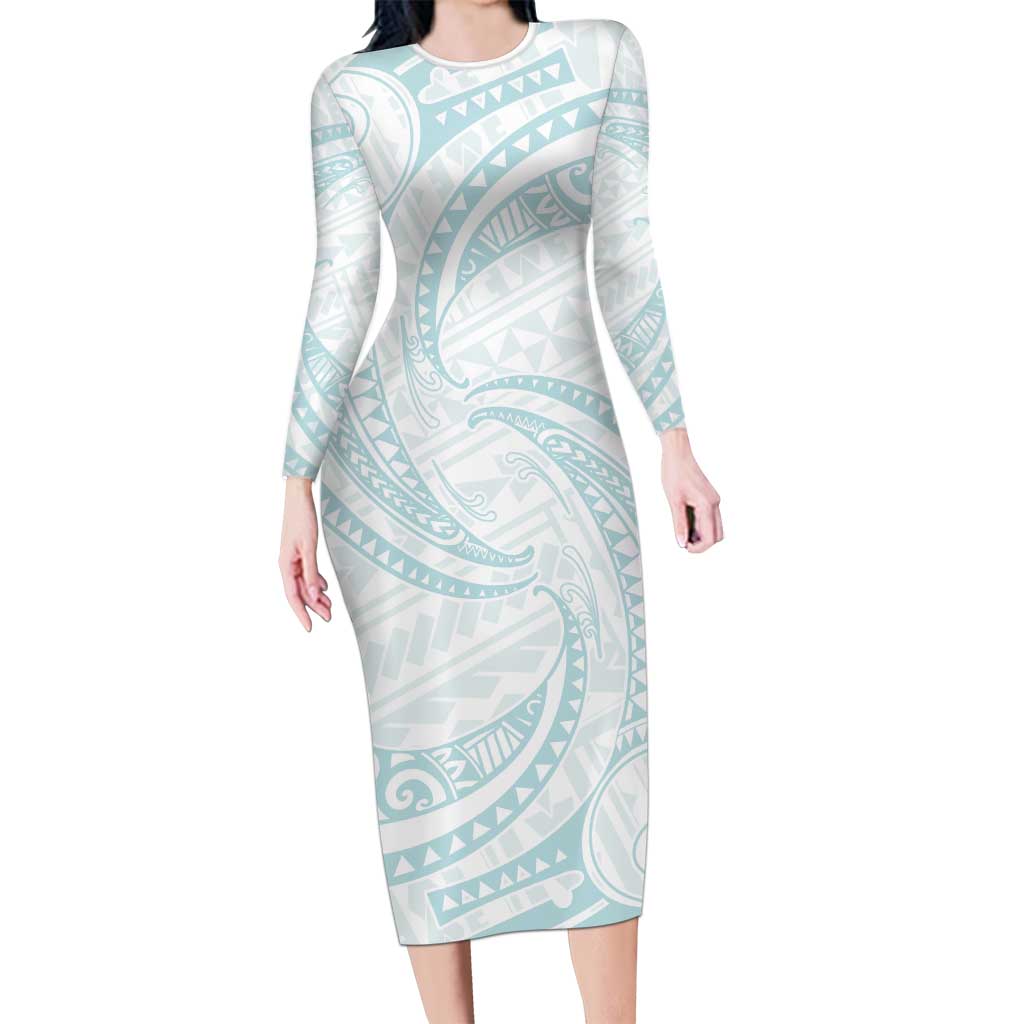 White Sunday Lotu Tamaiti Family Matching Long Sleeve Bodycon Dress and Hawaiian Shirt Polynesian Wave Pastel Cyan - Polynesian Pride