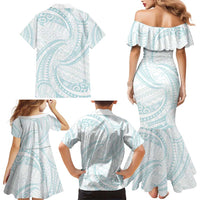 White Sunday Lotu Tamaiti Family Matching Mermaid Dress and Hawaiian Shirt Polynesian Wave Pastel Cyan - Polynesian Pride
