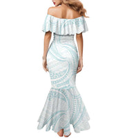 White Sunday Lotu Tamaiti Family Matching Mermaid Dress and Hawaiian Shirt Polynesian Wave Pastel Cyan - Polynesian Pride