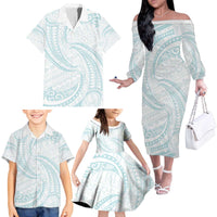 White Sunday Lotu Tamaiti Family Matching Off The Shoulder Long Sleeve Dress and Hawaiian Shirt Polynesian Wave Pastel Cyan - Polynesian Pride