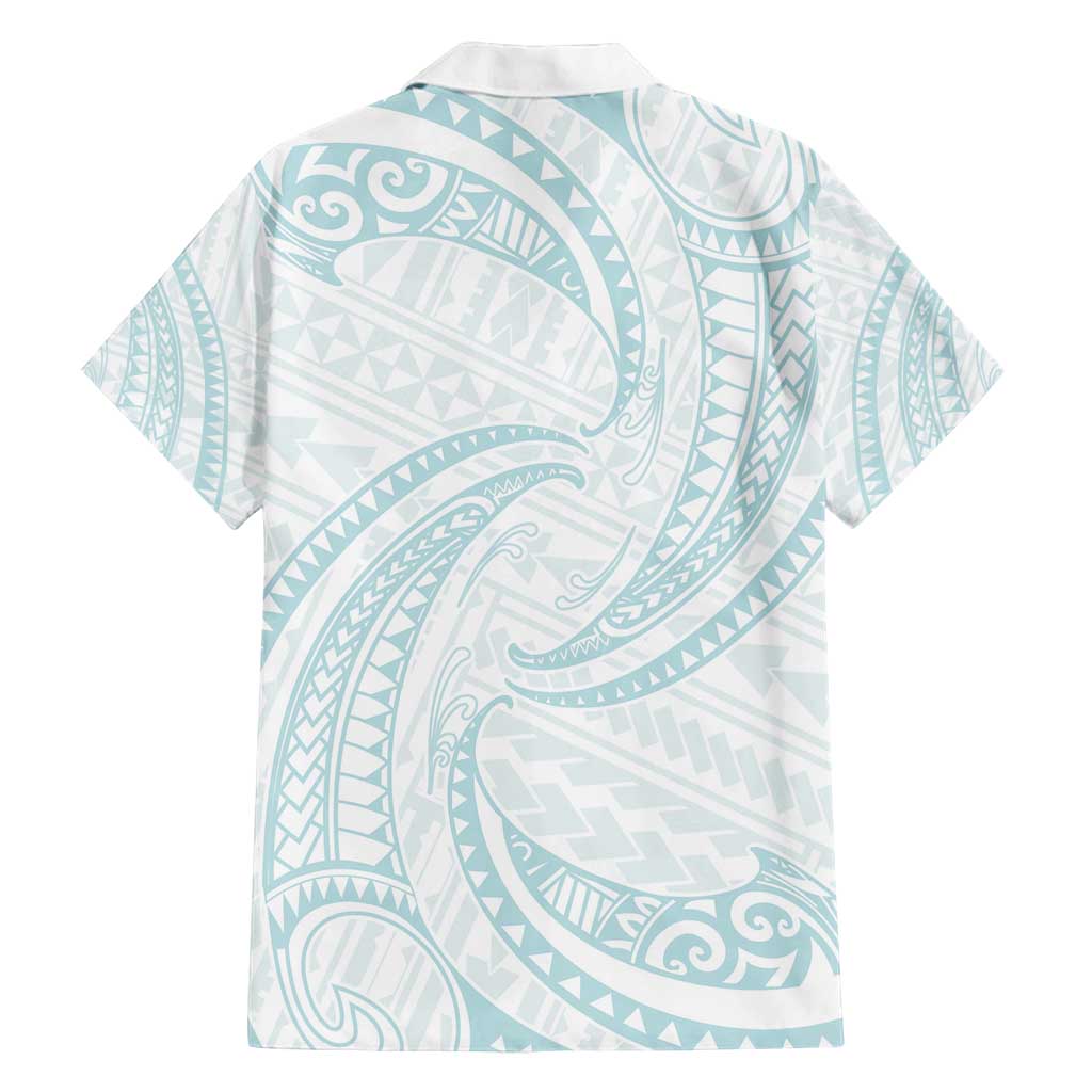 White Sunday Lotu Tamaiti Family Matching Off Shoulder Short Dress and Hawaiian Shirt Polynesian Wave Pastel Cyan - Polynesian Pride