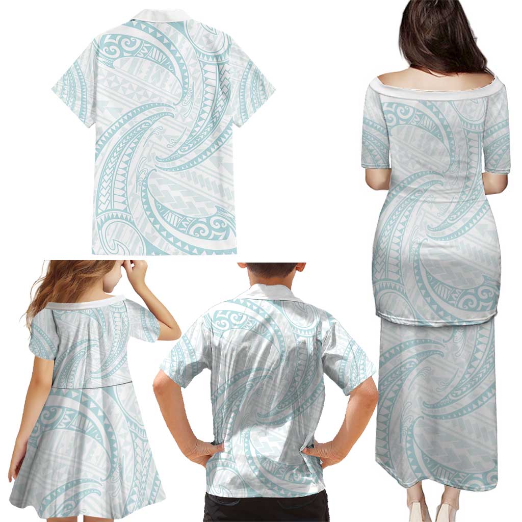White Sunday Lotu Tamaiti Family Matching Puletasi and Hawaiian Shirt Polynesian Wave Pastel Cyan - Polynesian Pride