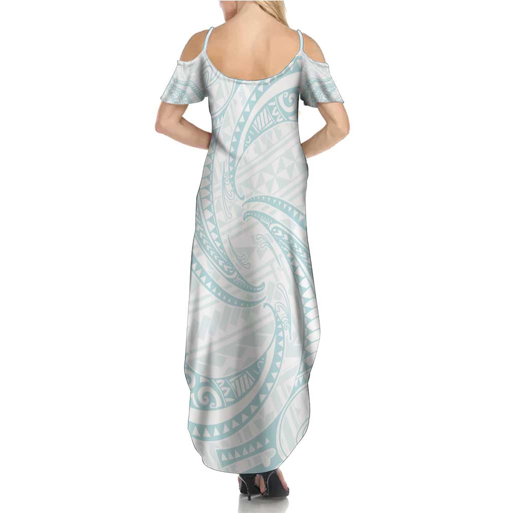 White Sunday Lotu Tamaiti Family Matching Summer Maxi Dress and Hawaiian Shirt Polynesian Wave Pastel Cyan - Polynesian Pride