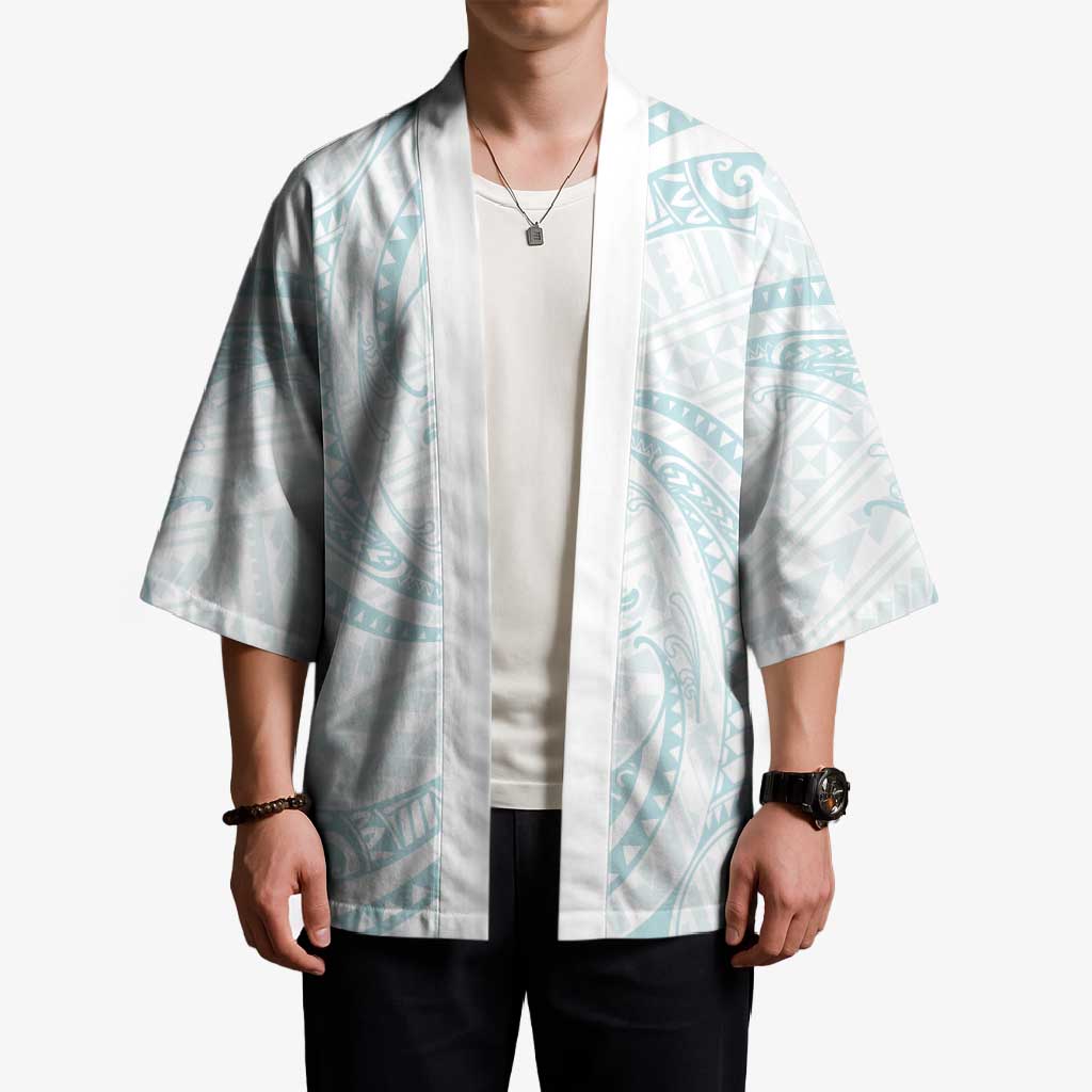 White Sunday Lotu Tamaiti Kimono Polynesian Wave Pastel Cyan - Polynesian Pride