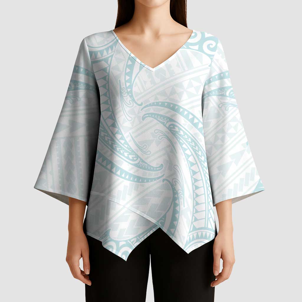 White Sunday Lotu Tamaiti Kimono Sleeve Blouse Polynesian Wave Pastel Cyan - Polynesian Pride