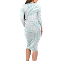 White Sunday Lotu Tamaiti Long Sleeve Bodycon Dress Polynesian Wave Pastel Cyan - Polynesian Pride