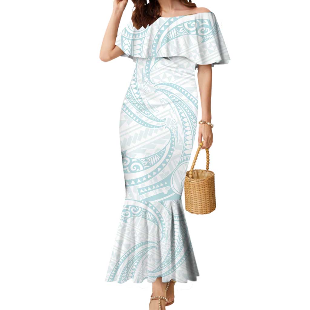 White Sunday Lotu Tamaiti Mermaid Dress Polynesian Wave Pastel Cyan - Polynesian Pride
