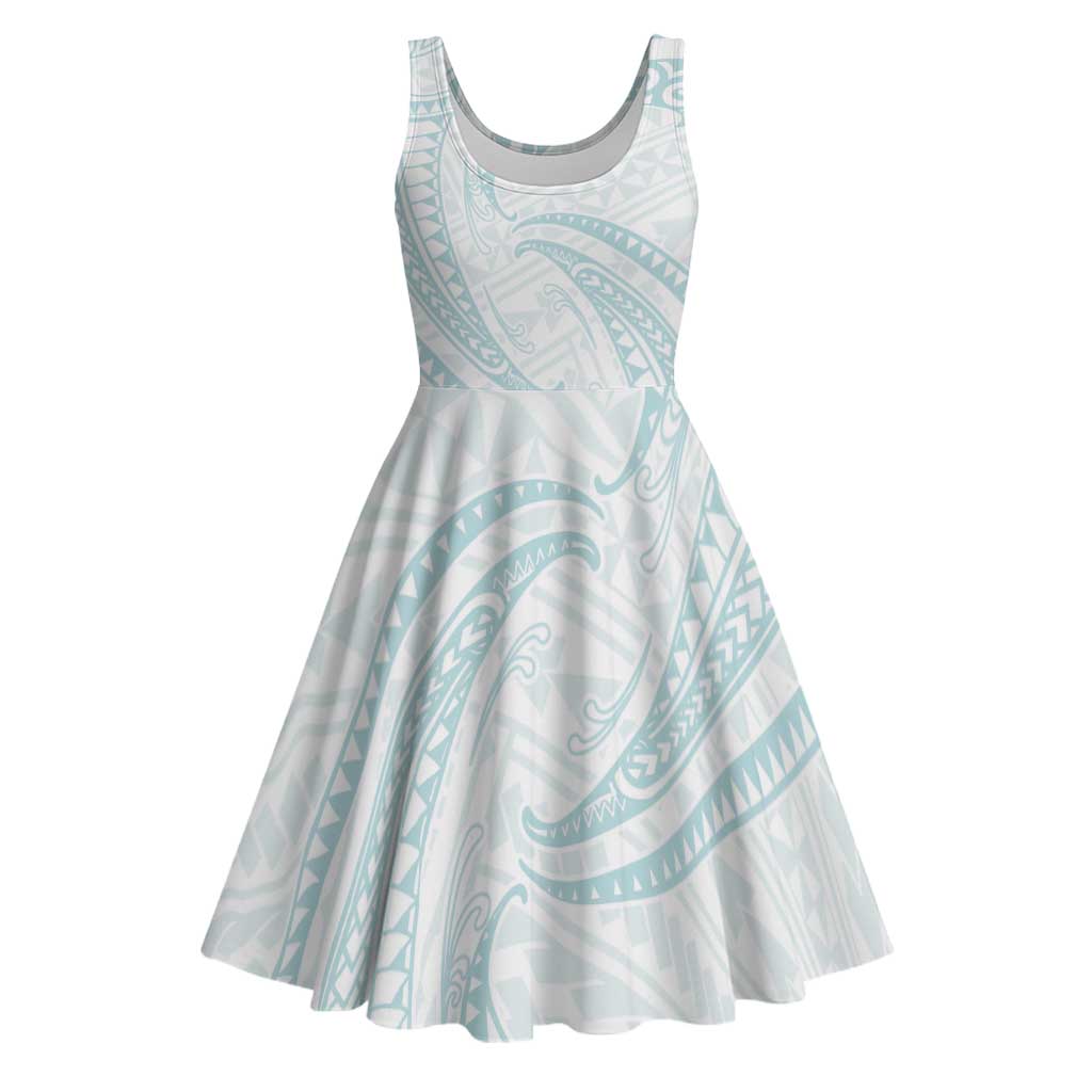 White Sunday Lotu Tamaiti Midi Dress Polynesian Wave Pastel Cyan - Polynesian Pride
