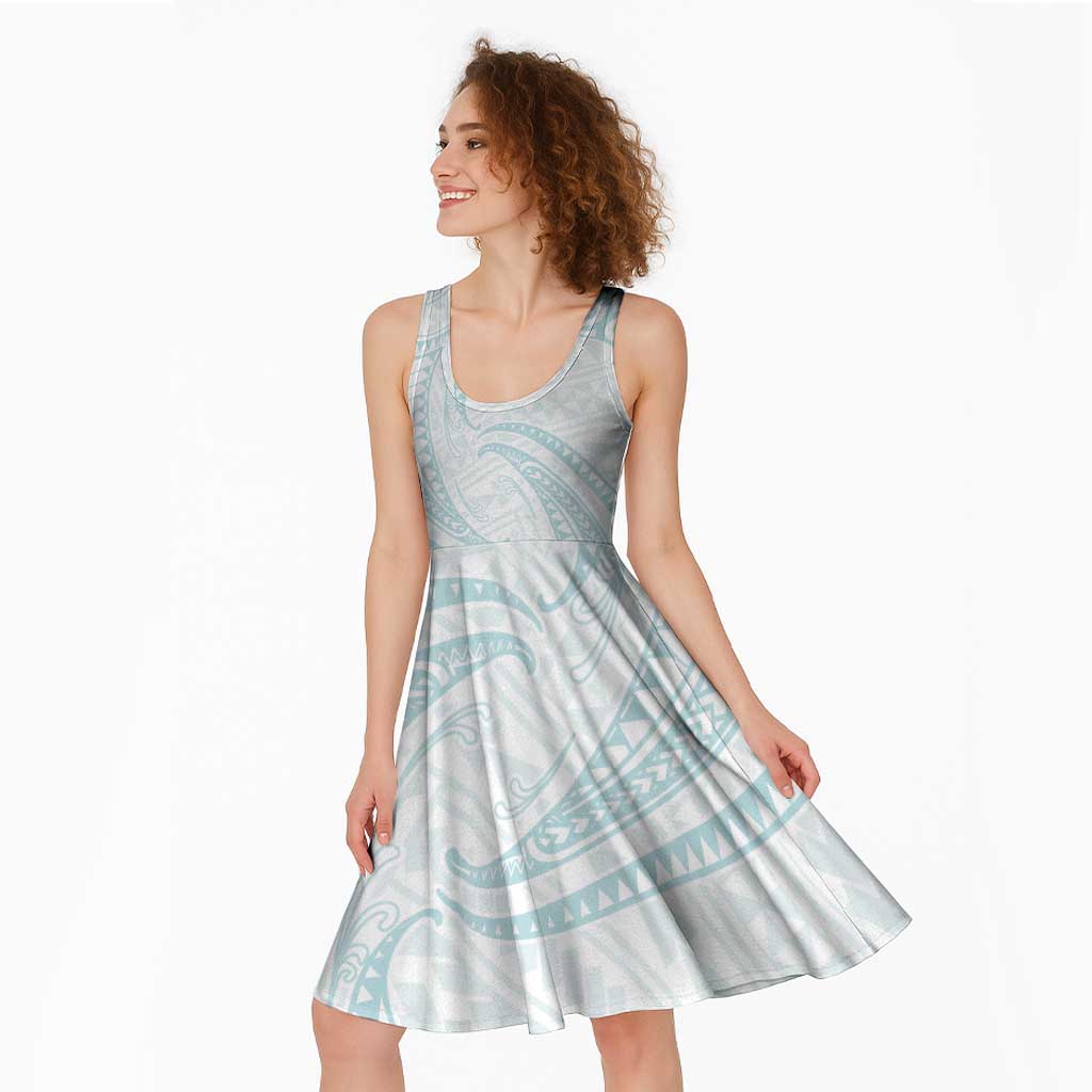 White Sunday Lotu Tamaiti Midi Dress Polynesian Wave Pastel Cyan - Polynesian Pride