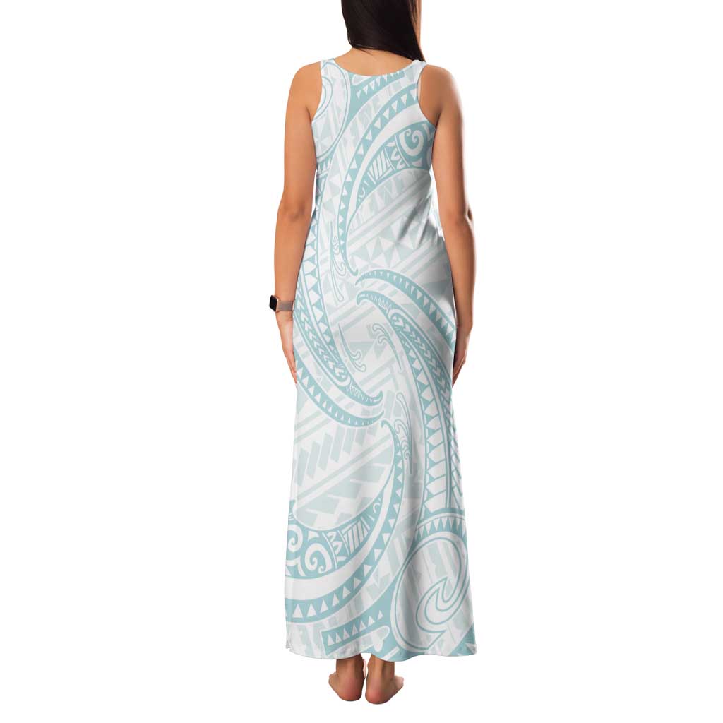 White Sunday Lotu Tamaiti Tank Maxi Dress Polynesian Wave Pastel Cyan - Polynesian Pride