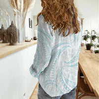 White Sunday Lotu Tamaiti Women Casual Shirt Polynesian Wave Pastel Cyan - Polynesian Pride