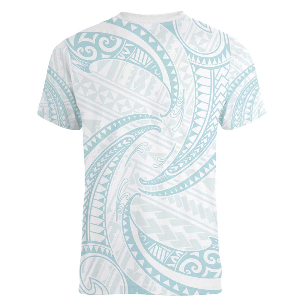 White Sunday Lotu Tamaiti Women V-Neck T-Shirt Polynesian Wave Pastel Cyan - Polynesian Pride
