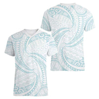 White Sunday Lotu Tamaiti Women V-Neck T-Shirt Polynesian Wave Pastel Cyan - Polynesian Pride