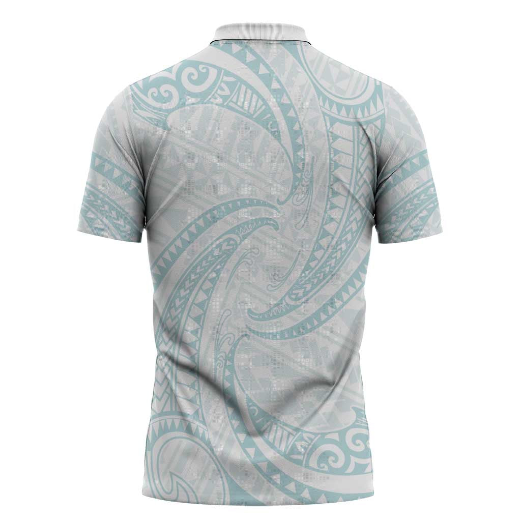 White Sunday Lotu Tamaiti Zipper Polo Shirt Polynesian Wave Pastel Cyan LT9 - Polynesian Pride
