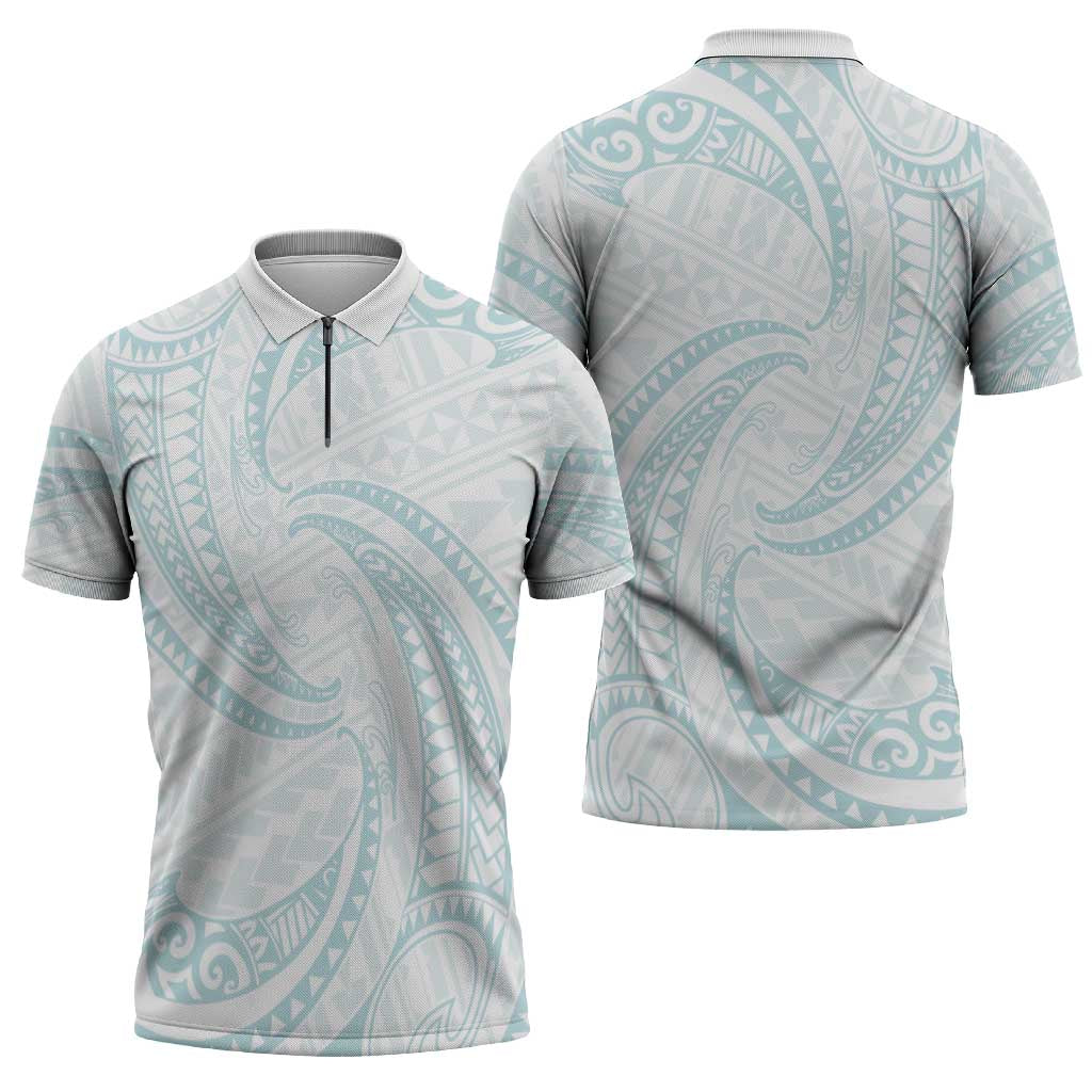 White Sunday Lotu Tamaiti Zipper Polo Shirt Polynesian Wave Pastel Cyan LT9 - Polynesian Pride