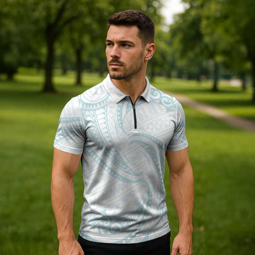 White Sunday Lotu Tamaiti Zipper Polo Shirt Polynesian Wave Pastel Cyan LT9 - Polynesian Pride