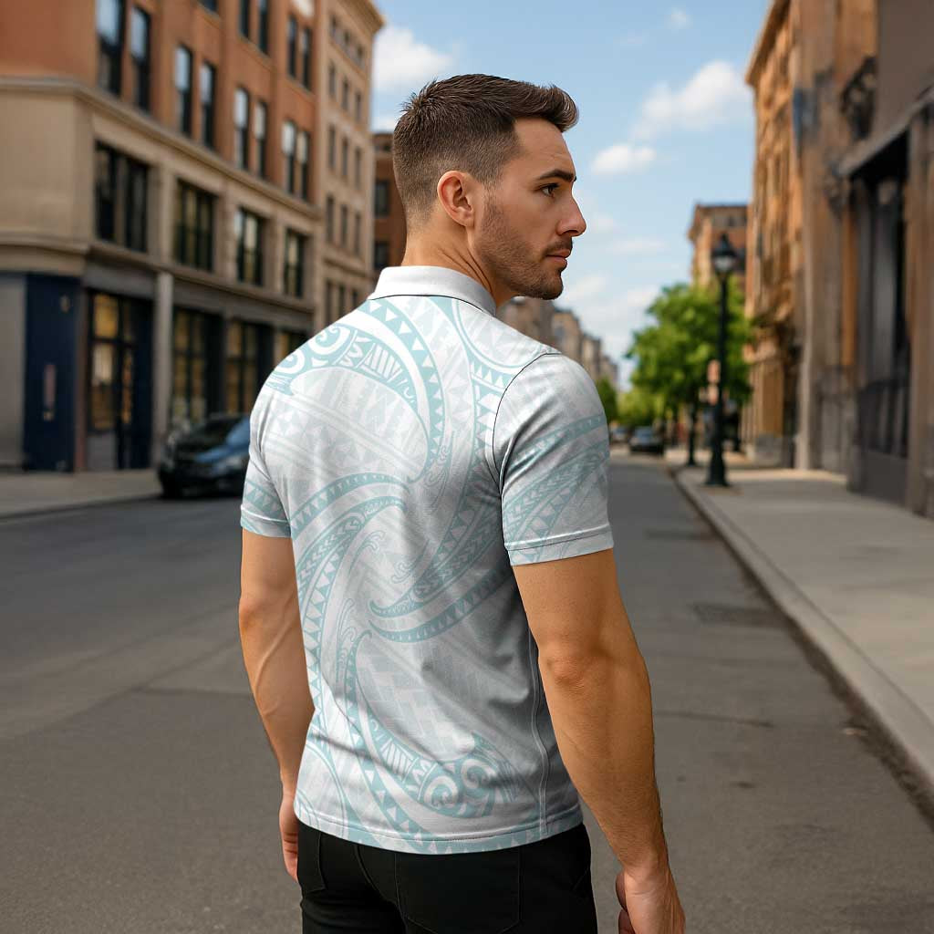 White Sunday Lotu Tamaiti Zipper Polo Shirt Polynesian Wave Pastel Cyan LT9 - Polynesian Pride