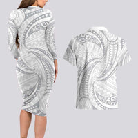White Sunday Lotu Tamaiti Couples Matching Long Sleeve Bodycon Dress and Hawaiian Shirt Polynesian Wave Pastel Gray - Polynesian Pride