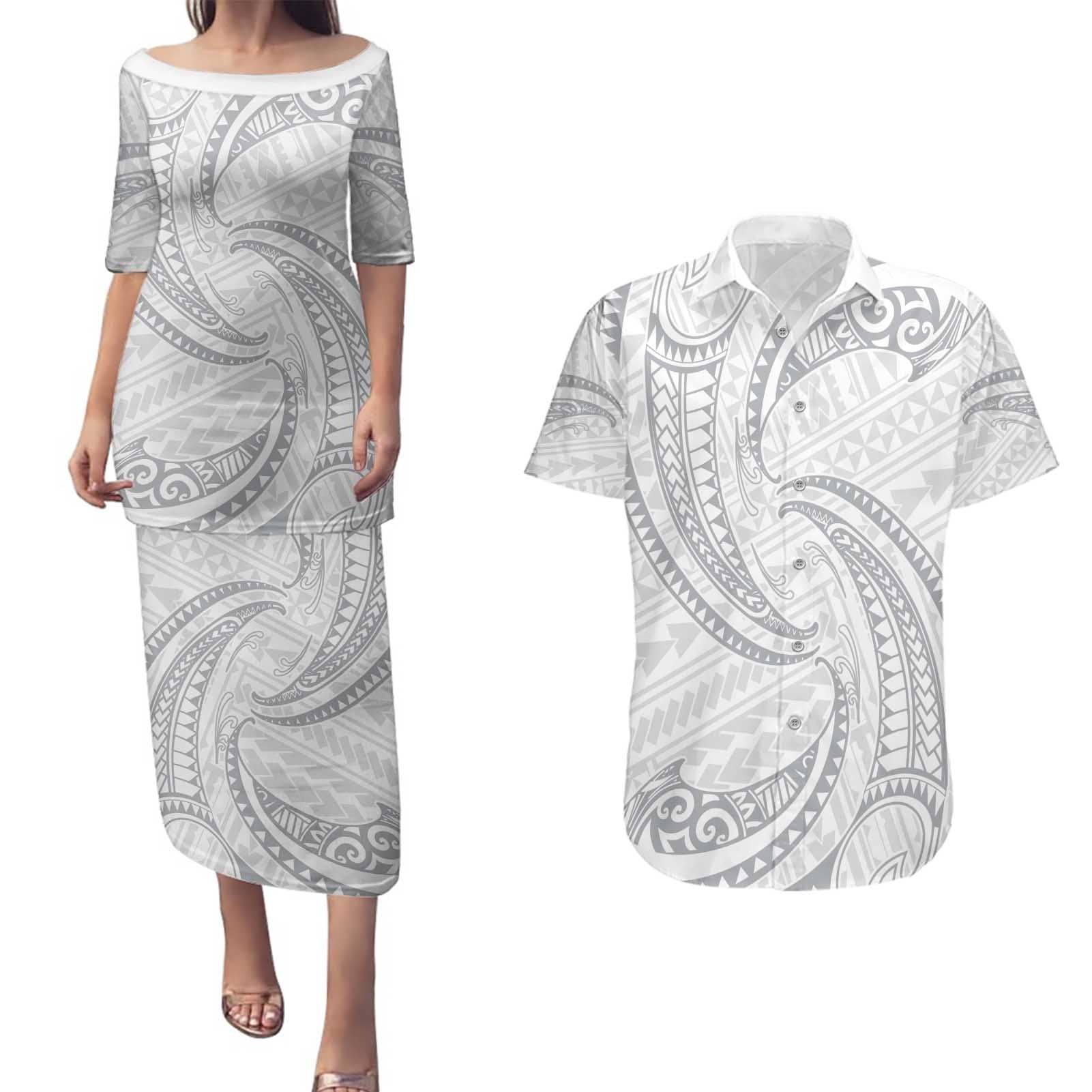 White Sunday Lotu Tamaiti Couples Matching Puletasi and Hawaiian Shirt Polynesian Wave Pastel Gray - Polynesian Pride