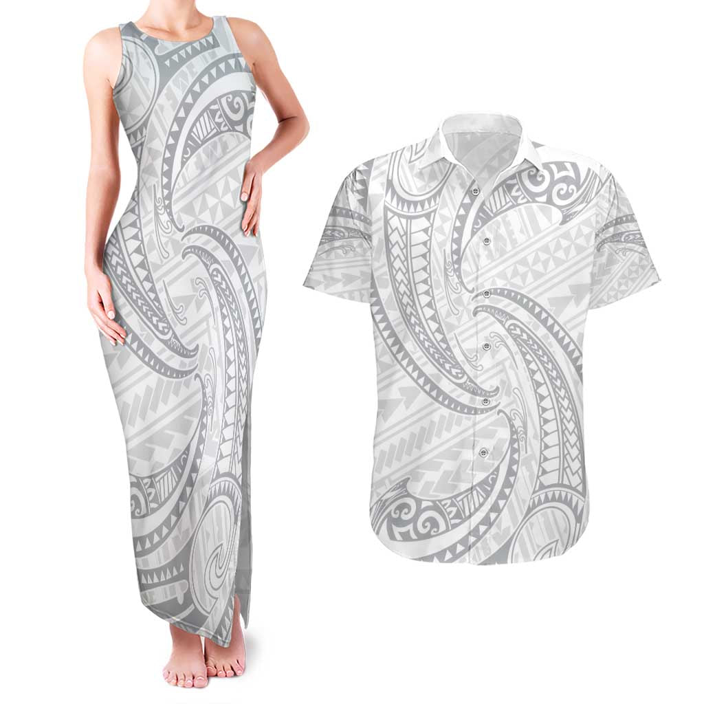 White Sunday Lotu Tamaiti Couples Matching Tank Maxi Dress and Hawaiian Shirt Polynesian Wave Pastel Gray - Polynesian Pride