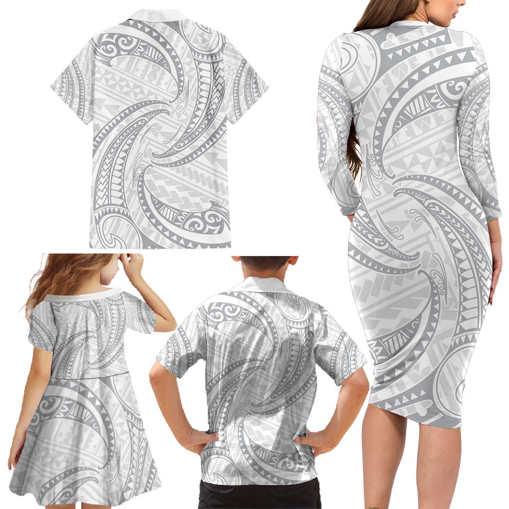 White Sunday Lotu Tamaiti Family Matching Long Sleeve Bodycon Dress and Hawaiian Shirt Polynesian Wave Pastel Gray - Polynesian Pride